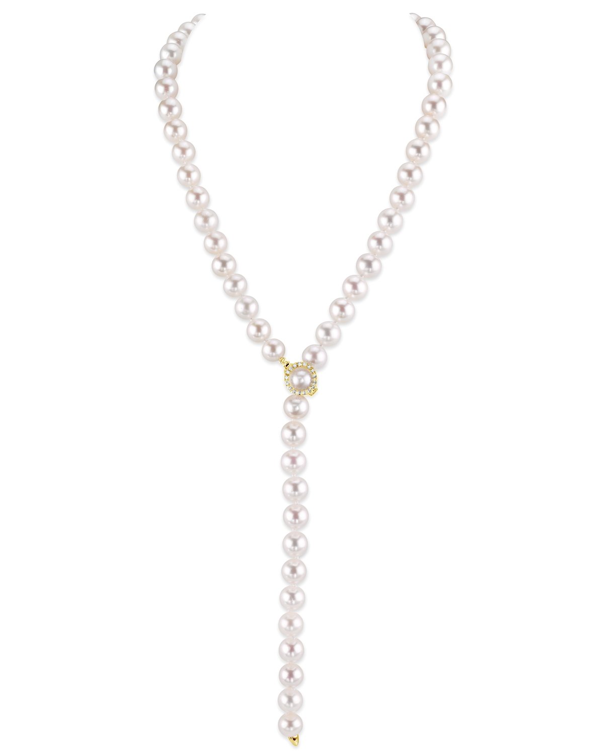 9.5-10.5mm White Freshwater Pearl & Diamond Adjustable Y-Shape Necklace- AAAA Quality - Third Image