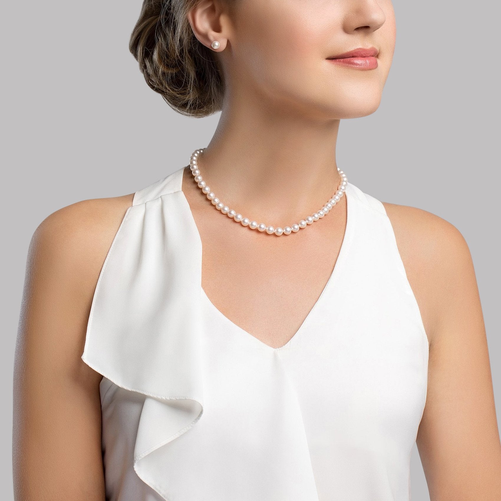 6.0-9.0mm Japanese Akoya White Pearl Necklace - Model Image