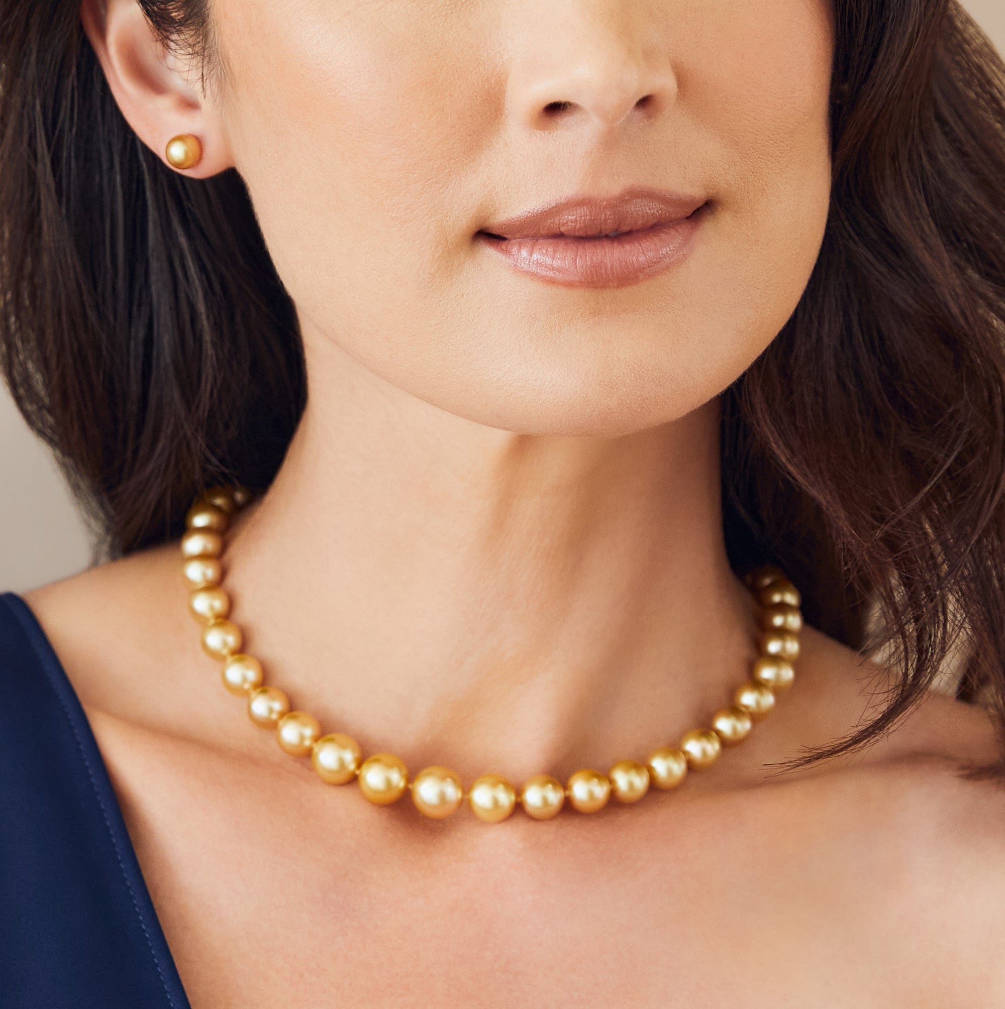 8-10mm Golden South Sea Pearl Necklace - Gem Quality - Model Image