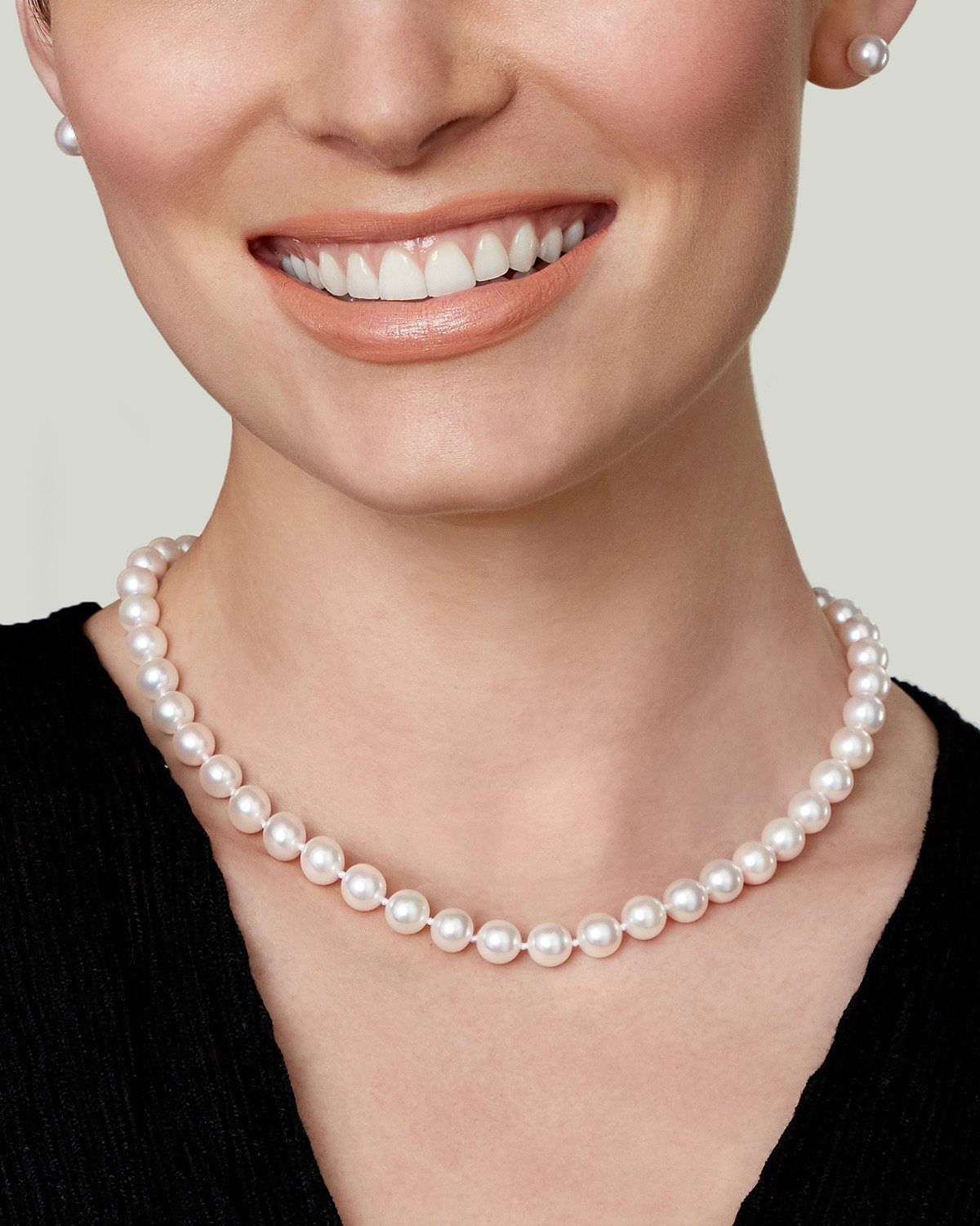 8.5-9.0mm Japanese White Akoya Pearl Necklace & Earrings - Model Image