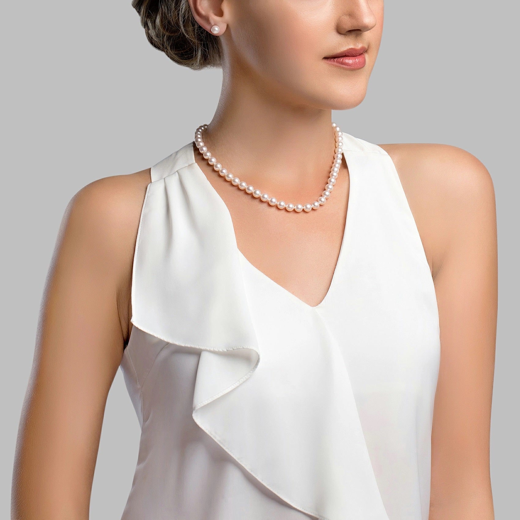 White Japanese Akoya Pearl Necklace & Earring 2-Piece Set, 7.0-7.5mm