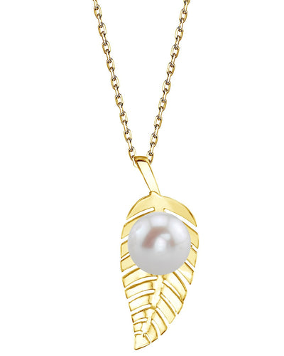 14K Gold Freshwater Pearl Leaf Pendant - Secondary Image