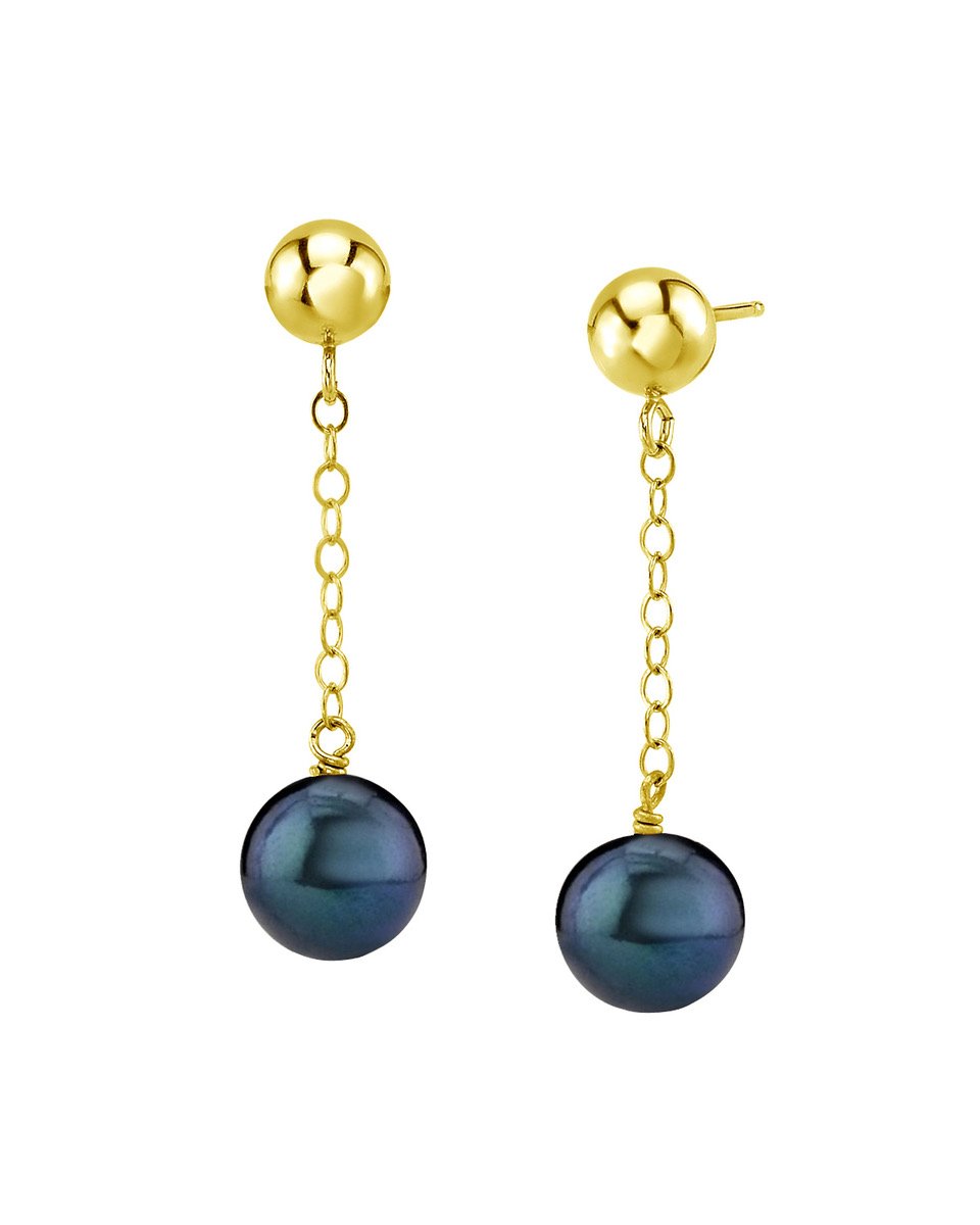 14K Gold Black Akoya Round Ball Double Chain Earrings - Model Image