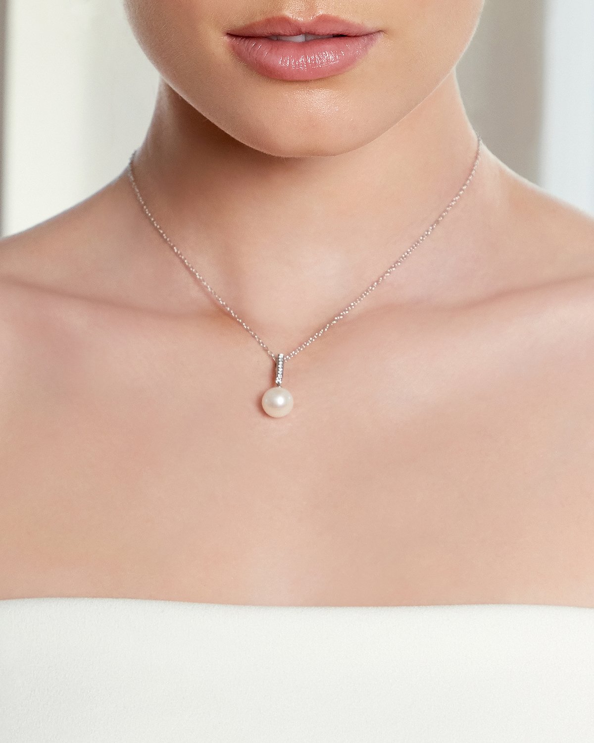 Freshwater Pearl Dangling Diamond Pendant - Model Image