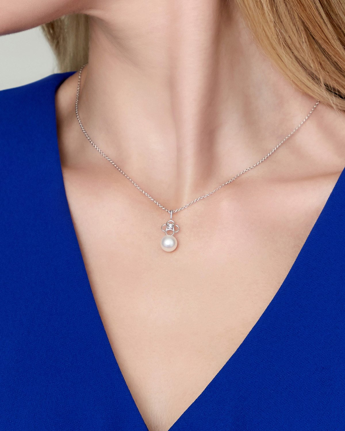 Akoya Pearl & Diamond Lacy Pendant - Model Image